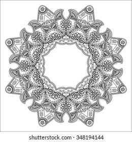 Circular pattern in form of mandala for Henna, Mehndi, tattoo, decoration. Decorative ornament in ethnic oriental style. Coloring book page.