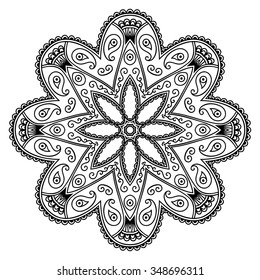 Circular pattern in form of mandala for Henna, Mehndi, tattoo, decoration. Decorative ornament in ethnic oriental style. Coloring book page.