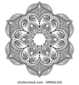 Circular pattern in form of mandala for Henna, Mehndi, tattoo, decoration. Decorative ornament in ethnic oriental style. Coloring book page.