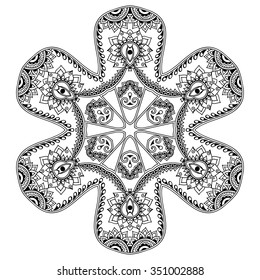 Circular pattern in form of mandala for Henna, Mehndi, tattoo, decoration. Decorative ornament in ethnic oriental style. Coloring book page.