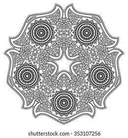 Circular pattern in form of mandala for Henna, Mehndi, tattoo, decoration. Decorative ornament in ethnic oriental style. Coloring book page.