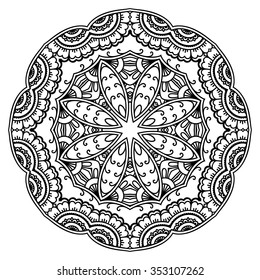 Circular pattern in form of mandala for Henna, Mehndi, tattoo, decoration. Decorative ornament in ethnic oriental style. Coloring book page.