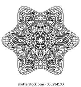Circular pattern in form of mandala for Henna, Mehndi, tattoo, decoration. Decorative ornament in ethnic oriental style. Coloring book page.