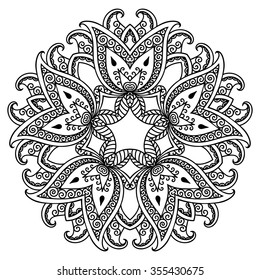 Circular pattern in form of mandala for Henna, Mehndi, tattoo, decoration. Decorative ornament in ethnic oriental style. Coloring book page.