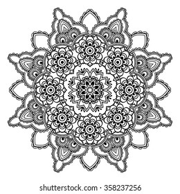Circular pattern in form of mandala for Henna, Mehndi, tattoo, decoration. Decorative ornament in ethnic oriental style. Coloring book page.