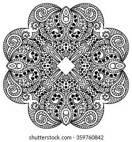 Circular pattern in form of mandala for Henna, Mehndi, tattoo, decoration. Decorative ornament in ethnic oriental style. Coloring book page.