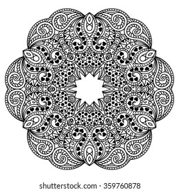 Circular pattern in form of mandala for Henna, Mehndi, tattoo, decoration. Decorative ornament in ethnic oriental style. Coloring book page.