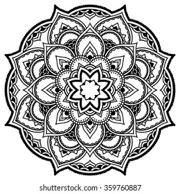 Circular pattern in form of mandala for Henna, Mehndi, tattoo, decoration. Decorative ornament in ethnic oriental style. Coloring book page.