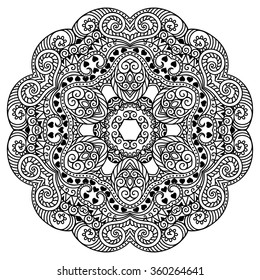 Circular pattern in form of mandala for Henna, Mehndi, tattoo, decoration. Decorative ornament in ethnic oriental style. Coloring book page.