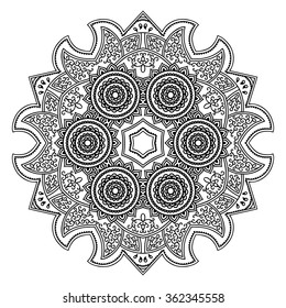 Circular pattern in form of mandala for Henna, Mehndi, tattoo, decoration. Decorative ornament in ethnic oriental style. Coloring book page.