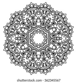 Circular pattern in form of mandala for Henna, Mehndi, tattoo, decoration. Decorative ornament in ethnic oriental style. Coloring book page.