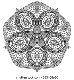 Circular pattern in form of mandala for Henna, Mehndi, tattoo, decoration. Decorative ornament in ethnic oriental style. Coloring book page.