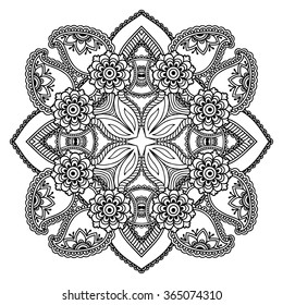 Circular pattern in form of mandala for Henna, Mehndi, tattoo, decoration. Decorative ornament in ethnic oriental style. Coloring book page.