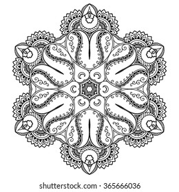 Circular pattern in form of mandala for Henna, Mehndi, tattoo, decoration. Decorative ornament in ethnic oriental style. Coloring book page.