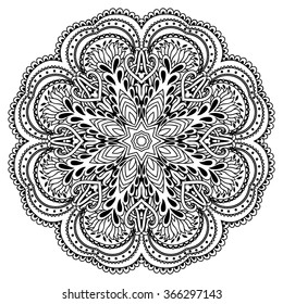 Circular pattern in form of mandala for Henna, Mehndi, tattoo, decoration. Decorative ornament in ethnic oriental style. Coloring book page.