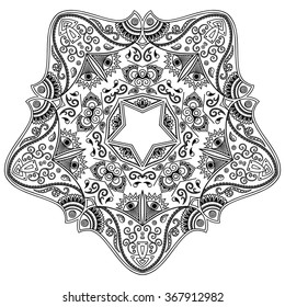 Circular pattern in form of mandala for Henna, Mehndi, tattoo, decoration. Decorative ornament in ethnic oriental style. Coloring book page.