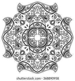 Circular pattern in form of mandala for Henna, Mehndi, tattoo, decoration. Decorative ornament in ethnic oriental style. Coloring book page.