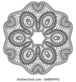 Circular pattern in form of mandala for Henna, Mehndi, tattoo, decoration. Decorative ornament in ethnic oriental style. Coloring book page.