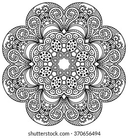 Circular pattern in form of mandala for Henna, Mehndi, tattoo, decoration. Decorative ornament in ethnic oriental style. Coloring book page.