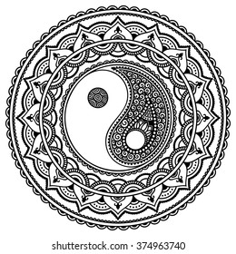 Circular pattern in form of mandala for Henna, Mehndi, tattoo, decoration. Decorative ornament in oriental style with Yin-yang hand drawn symbol. Coloring book page.