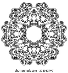 Circular pattern in form of mandala for Henna, Mehndi, tattoo, decoration. Decorative ornament in ethnic oriental style. Coloring book page.