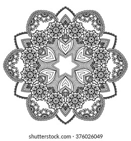 Circular pattern in form of mandala for Henna, Mehndi, tattoo, decoration. Decorative ornament in ethnic oriental style. Coloring book page.