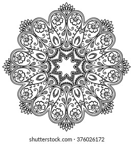 Circular pattern in form of mandala for Henna, Mehndi, tattoo, decoration. Decorative ornament in ethnic oriental style. Coloring book page.
