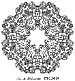 Circular pattern in form of mandala for Henna, Mehndi, tattoo, decoration. Decorative ornament in ethnic oriental style. Coloring book page.