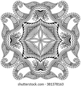 Circular pattern in form of mandala for Henna, Mehndi, tattoo, decoration. Decorative ornament in ethnic oriental style. Coloring book page.