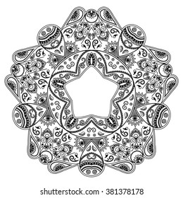 Circular pattern in form of mandala for Henna, Mehndi, tattoo, decoration. Decorative ornament in ethnic oriental style. Coloring book page.
