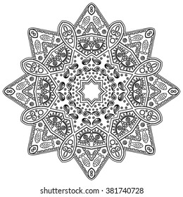 Circular pattern in form of mandala for Henna, Mehndi, tattoo, decoration. Decorative ornament in ethnic oriental style. Coloring book page.