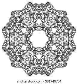 Circular pattern in form of mandala for Henna, Mehndi, tattoo, decoration. Decorative ornament in ethnic oriental style. Coloring book page.