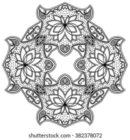 Circular pattern in form of mandala for Henna, Mehndi, tattoo, decoration. Decorative ornament in ethnic oriental style. Coloring book page.