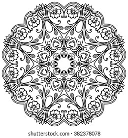Circular pattern in form of mandala for Henna, Mehndi, tattoo, decoration. Decorative ornament in ethnic oriental style. Coloring book page.