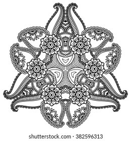Circular pattern in form of mandala for Henna, Mehndi, tattoo, decoration. Decorative ornament in ethnic oriental style. Coloring book page.