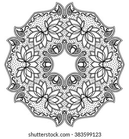 Circular pattern in form of mandala for Henna, Mehndi, tattoo, decoration. Decorative ornament in ethnic oriental style. Coloring book page.