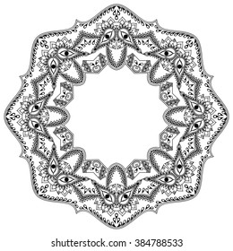 Circular pattern in form of mandala for Henna, Mehndi, tattoo, decoration. Decorative ornament in ethnic oriental style. Coloring book page.