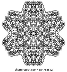 Circular pattern in form of mandala for Henna, Mehndi, tattoo, decoration. Decorative ornament in ethnic oriental style. Coloring book page.
