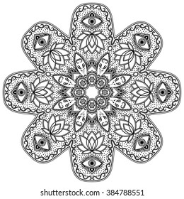 Circular pattern in form of mandala for Henna, Mehndi, tattoo, decoration. Decorative ornament in ethnic oriental style. Coloring book page.