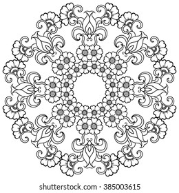 Circular pattern in form of mandala for Henna, Mehndi, tattoo, decoration. Decorative ornament in ethnic oriental style. Coloring book page.