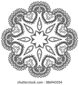 Circular pattern in form of mandala for Henna, Mehndi, tattoo, decoration. Decorative ornament in ethnic oriental style. Coloring book page.