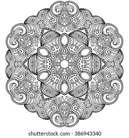 Circular pattern in form of mandala for Henna, Mehndi, tattoo, decoration. Decorative ornament in ethnic oriental style. Coloring book page.