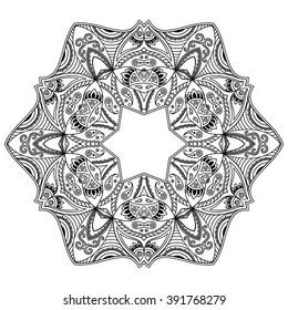 Circular pattern in form of mandala for Henna, Mehndi, tattoo, decoration. Decorative ornament in ethnic oriental style. Coloring book page.