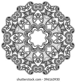 Circular pattern in form of mandala for Henna, Mehndi, tattoo, decoration. Decorative ornament in ethnic oriental style. Coloring book page.