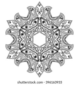 Circular pattern in form of mandala for Henna, Mehndi, tattoo, decoration. Decorative ornament in ethnic oriental style. Coloring book page.