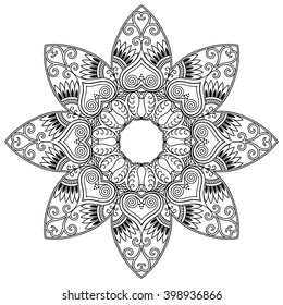 Circular pattern in form of mandala for Henna, Mehndi, tattoo, decoration. Decorative ornament in ethnic oriental style. Coloring book page.