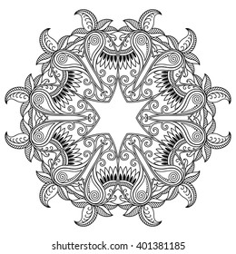 Circular pattern in form of mandala for Henna, Mehndi, tattoo, decoration. Decorative ornament in ethnic oriental style. Coloring book page.
