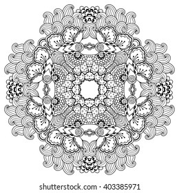 Circular pattern in form of mandala for Henna, Mehndi, tattoo, decoration. Decorative ornament in ethnic oriental style. Coloring book page.
