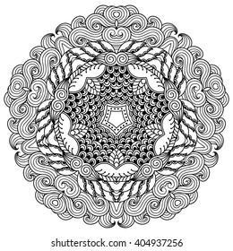 Circular pattern in form of mandala for Henna, Mehndi, tattoo, decoration. Decorative ornament in ethnic oriental style. Coloring book page.