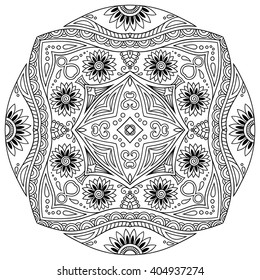 Circular pattern in form of mandala for Henna, Mehndi, tattoo, decoration. Decorative ornament in ethnic oriental style. Coloring book page.